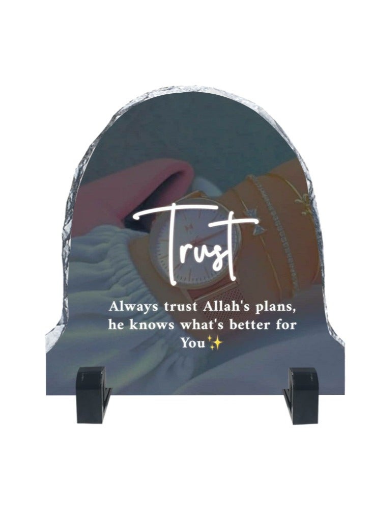 Protective Printed White Rock Shape Marble Photo Frame for Table Top Always Trust Allahs Plan He Know Whats Better For You