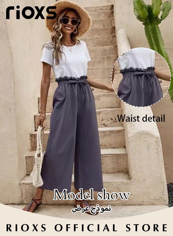 Wide Leg Ruffle Pants For Women Girls Casual Loose High Waist Tie-Knot Trousers With Pockets Woman's Summer Flowy Pants