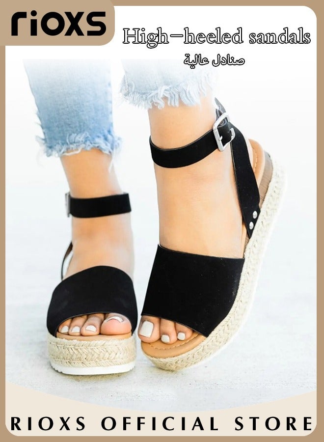 Women's Hollow Roman Wedge Sandals Round Open Toe Sandals Summer Comfortable Buckle Sandals