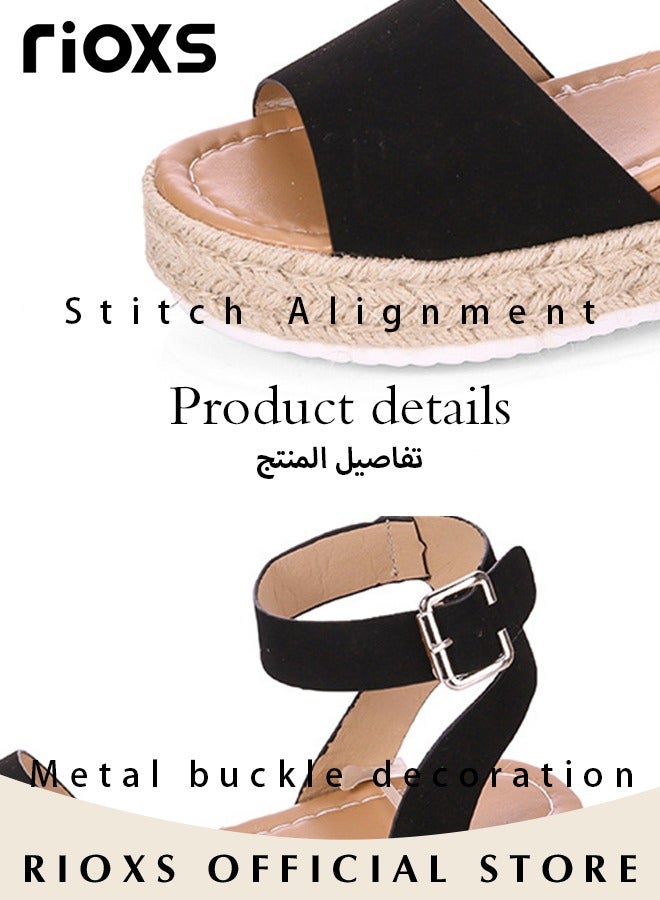 Women's Hollow Roman Wedge Sandals Round Open Toe Sandals Summer Comfortable Buckle Sandals