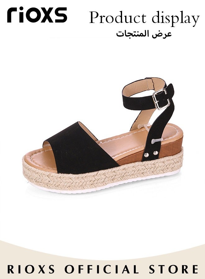 Women's Hollow Roman Wedge Sandals Round Open Toe Sandals Summer Comfortable Buckle Sandals