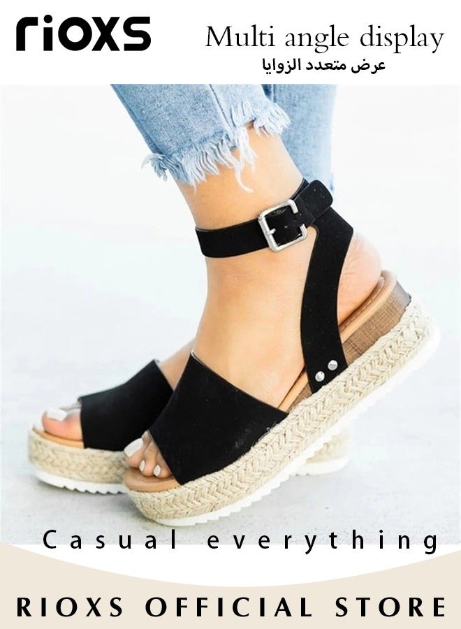 Women's Hollow Roman Wedge Sandals Round Open Toe Sandals Summer Comfortable Buckle Sandals