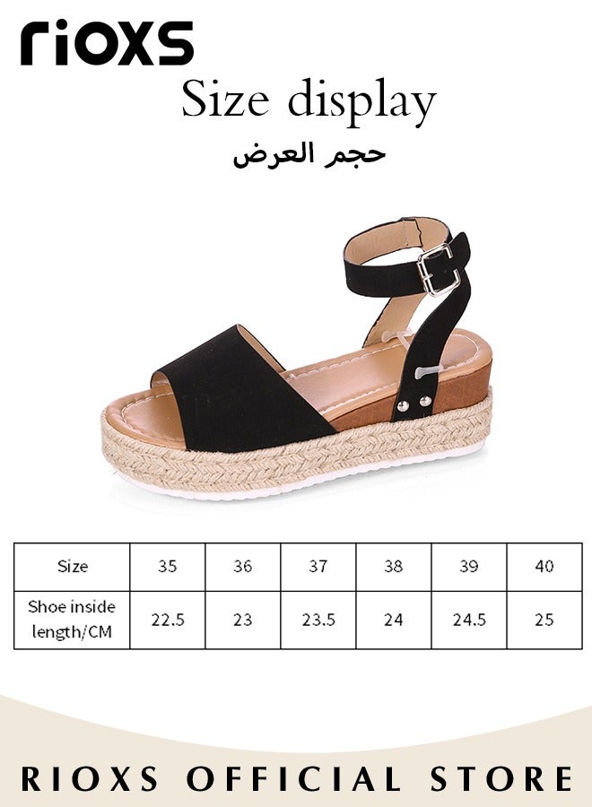 Women's Hollow Roman Wedge Sandals Round Open Toe Sandals Summer Comfortable Buckle Sandals