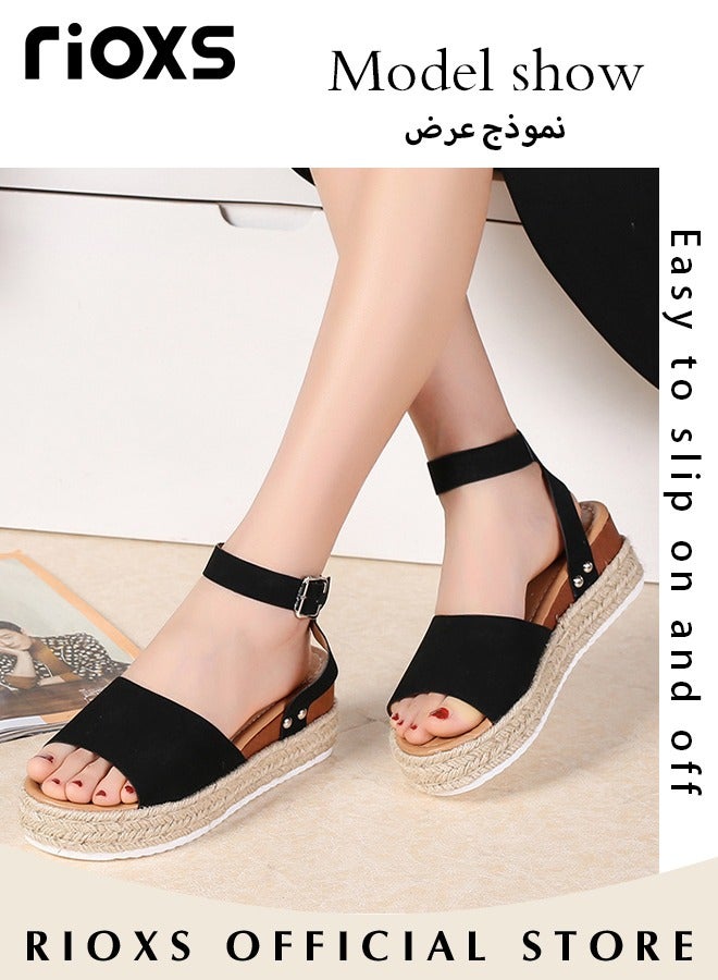 Women's Hollow Roman Wedge Sandals Round Open Toe Sandals Summer Comfortable Buckle Sandals