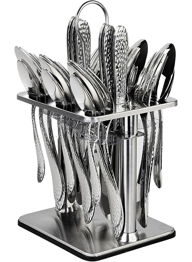 24 Piece Silverware Flatware Cutlery Set with Square Stand, Stainless Steel Includes 6 Knife, Fork, Tea Spoon, Dinner Mirror Polished, Dishwasher Safe