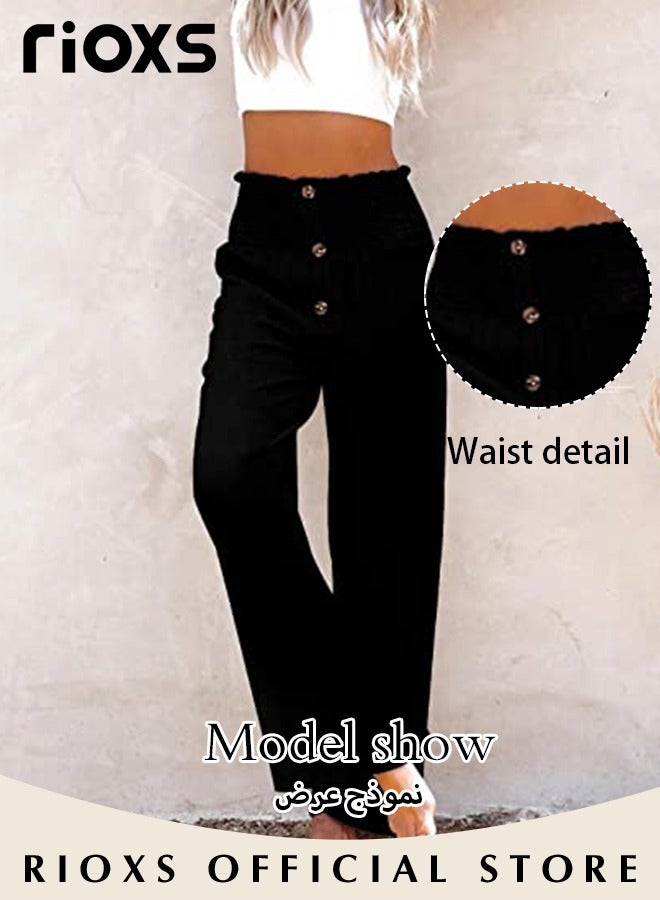 Women Wide Leg Ruffle Pants Casual Loose High Waist Tie-Knot Trousers With Pockets Woman's Button-up Pants