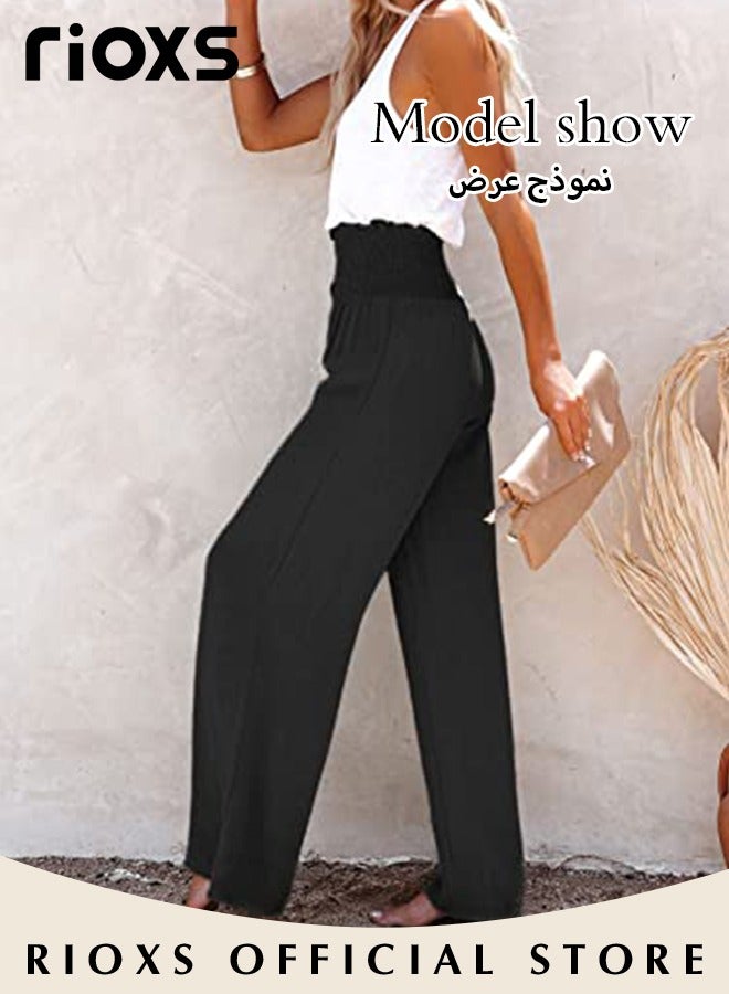 Women Wide Leg Ruffle Pants Casual Loose High Waist Tie-Knot Trousers With Pockets Woman's Button-up Pants