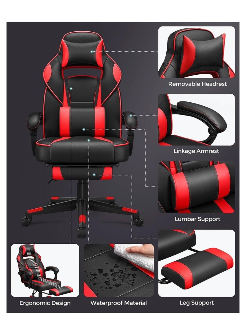 Modern Gaming Chair with Retractable Footrest, High Back, Reclining Function for Playstation, Height adjustible, Neck Lumbar Support Office, Gaming Station, Home, Study Room Black and Red Obg73Brv1