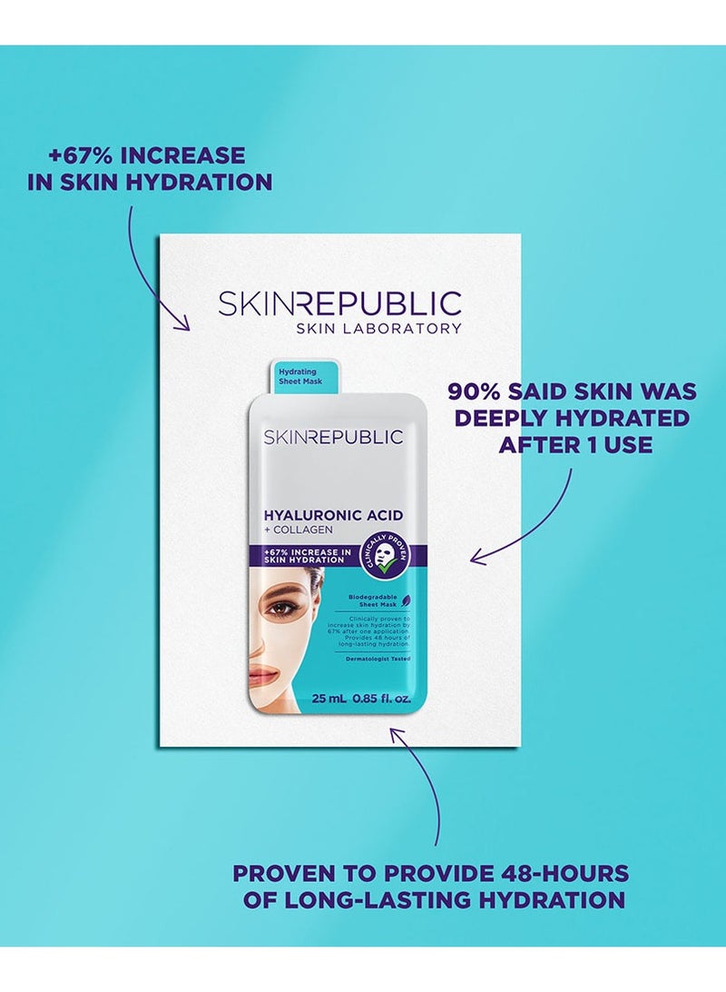 Hyaluronic Acid & Collagen Face Mask Sheet (3 Masks) with Vitamin E – Boosts Hydration, Improves Firmness & Elasticity, Reduces Fine Lines & Wrinkles, Brightens & Repairs Skin