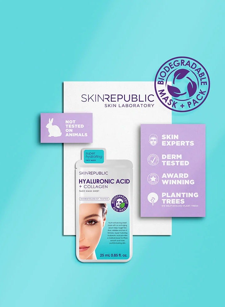 Hyaluronic Acid & Collagen Face Mask Sheet (3 Masks) with Vitamin E – Boosts Hydration, Improves Firmness & Elasticity, Reduces Fine Lines & Wrinkles, Brightens & Repairs Skin