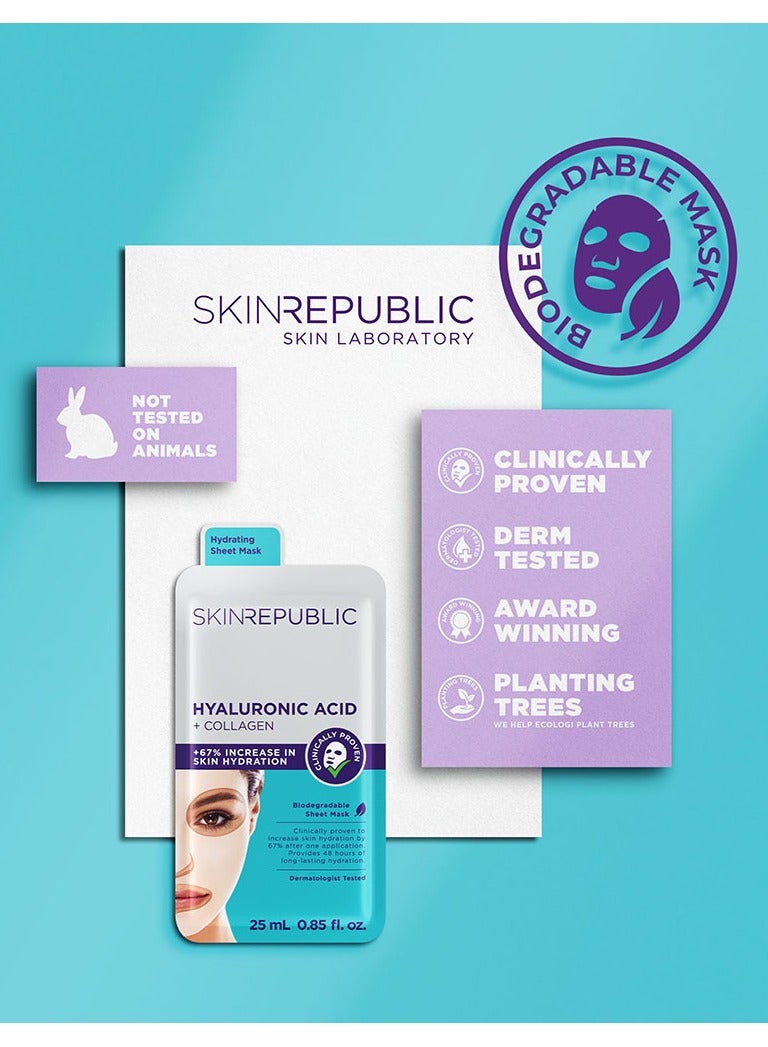 Hyaluronic Acid & Collagen Face Mask Sheet (3 Masks) with Vitamin E – Boosts Hydration, Improves Firmness & Elasticity, Reduces Fine Lines & Wrinkles, Brightens & Repairs Skin