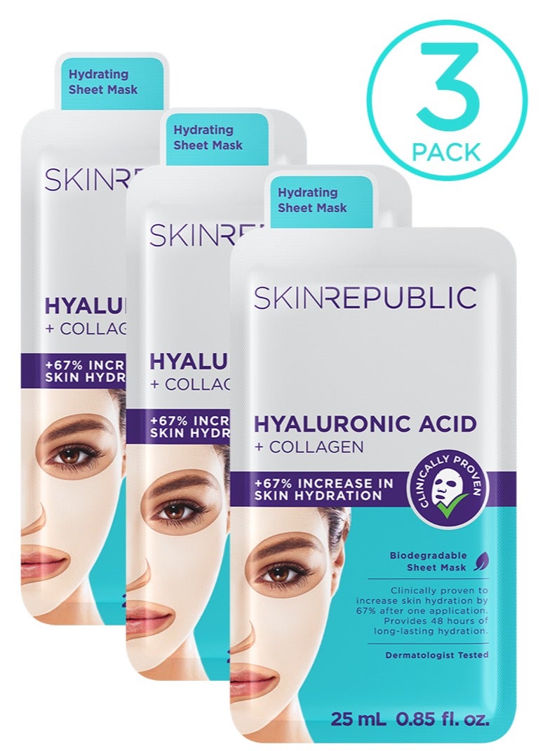 Hyaluronic Acid & Collagen Face Mask Sheet (3 Masks) with Vitamin E – Boosts Hydration, Improves Firmness & Elasticity, Reduces Fine Lines & Wrinkles, Brightens & Repairs Skin