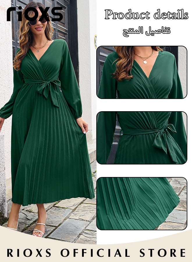 Women's V Neck Elegant Belted Long Sleeve Solid Color Maxi Dress High Waist Pleated A-Line Long Dress