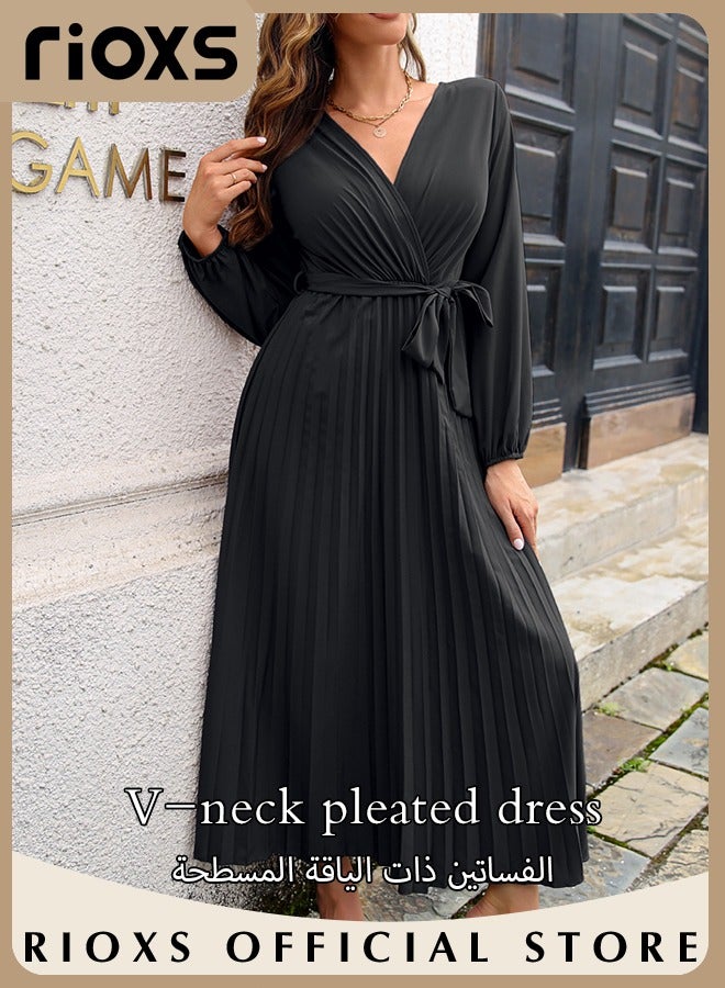 Women's V Neck Elegant Belted Long Sleeve Solid Color Maxi Dress High Waist Pleated A-Line Long Dress