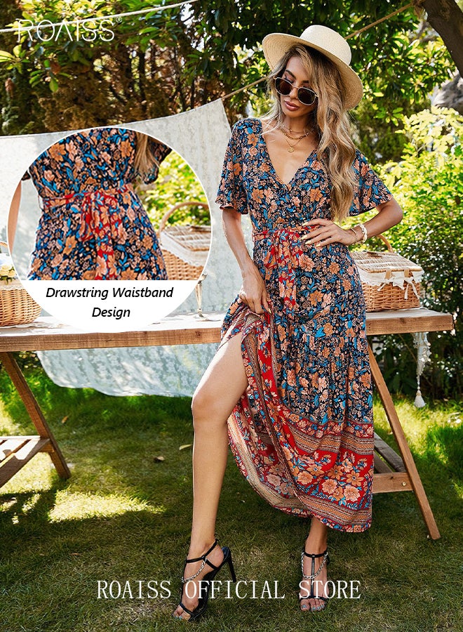Ladies Dress A-Line Mid-Length Sleeves Big Hem Floral Pattern Bohemian Style