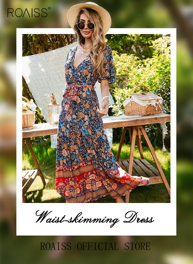 Ladies Dress A-Line Mid-Length Sleeves Big Hem Floral Pattern Bohemian Style
