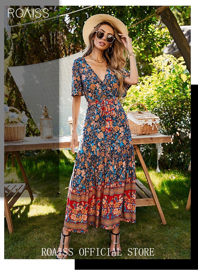 Ladies Dress A-Line Mid-Length Sleeves Big Hem Floral Pattern Bohemian Style
