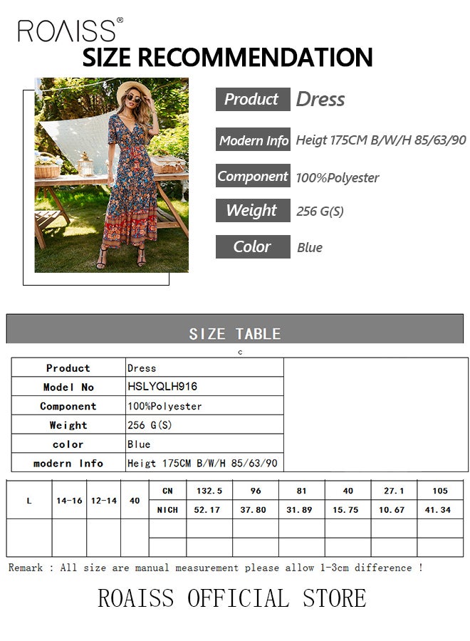 Ladies Dress A-Line Mid-Length Sleeves Big Hem Floral Pattern Bohemian Style