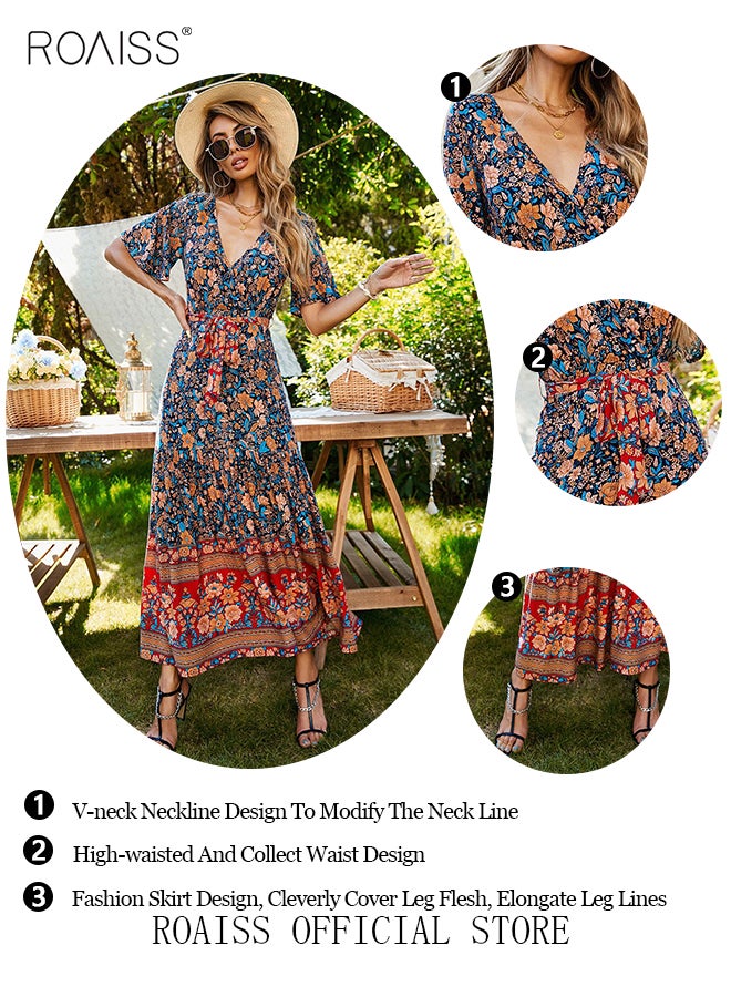 Ladies Dress A-Line Mid-Length Sleeves Big Hem Floral Pattern Bohemian Style