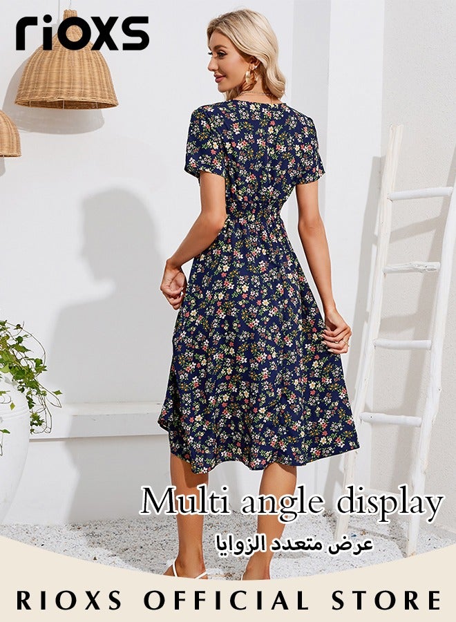 Women's V Neck Short Sleeve Chiffon Summer Beach Dress Floral Printed A-Line Casual Elastic Waist Midi Dress