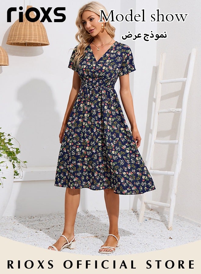 Women's V Neck Short Sleeve Chiffon Summer Beach Dress Floral Printed A-Line Casual Elastic Waist Midi Dress