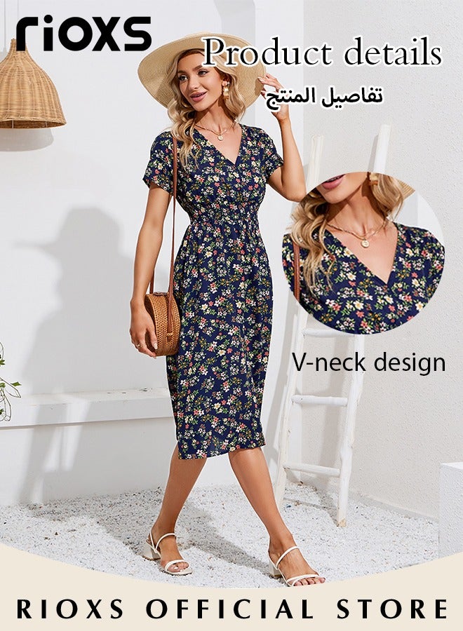 Women's V Neck Short Sleeve Chiffon Summer Beach Dress Floral Printed A-Line Casual Elastic Waist Midi Dress