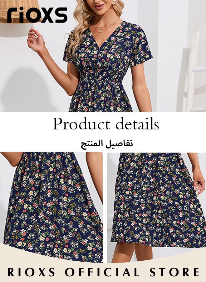 Women's V Neck Short Sleeve Chiffon Summer Beach Dress Floral Printed A-Line Casual Elastic Waist Midi Dress