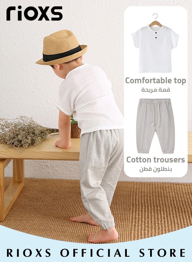 2PCS T-Shirt and Pants Set, Short Sleeved Cotton Shirt and Linen-cotton Pants, Fashionable Outfit for Toddlers, Comfortable Skin-friendly Summer Suit for Kids, Suitable for Daily Wear, Home Wear or Photography Dressing