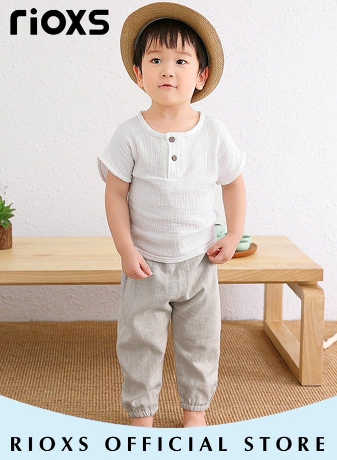 2PCS T-Shirt and Pants Set, Short Sleeved Cotton Shirt and Linen-cotton Pants, Fashionable Outfit for Toddlers, Comfortable Skin-friendly Summer Suit for Kids, Suitable for Daily Wear, Home Wear or Photography Dressing