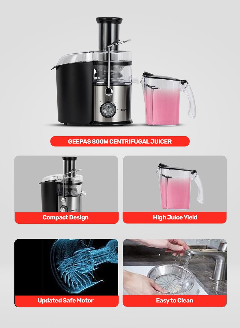 Centrifugal Juicer 2.2 L 800W |Pulp Container Machine Juice Extractor With 75MM Wide Mouth | 2 Speed, Stainless Steel Body, Non-Slip Feet 1.6 L 800 W GJE5437 Red/Black/Clear