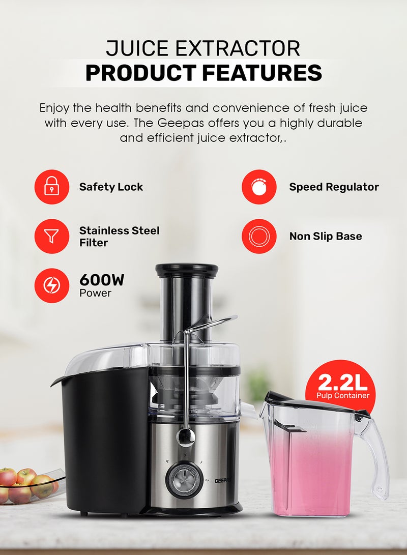 Centrifugal Juicer 2.2 L 800W |Pulp Container Machine Juice Extractor With 75MM Wide Mouth | 2 Speed, Stainless Steel Body, Non-Slip Feet 1.6 L 800 W GJE5437 Red/Black/Clear