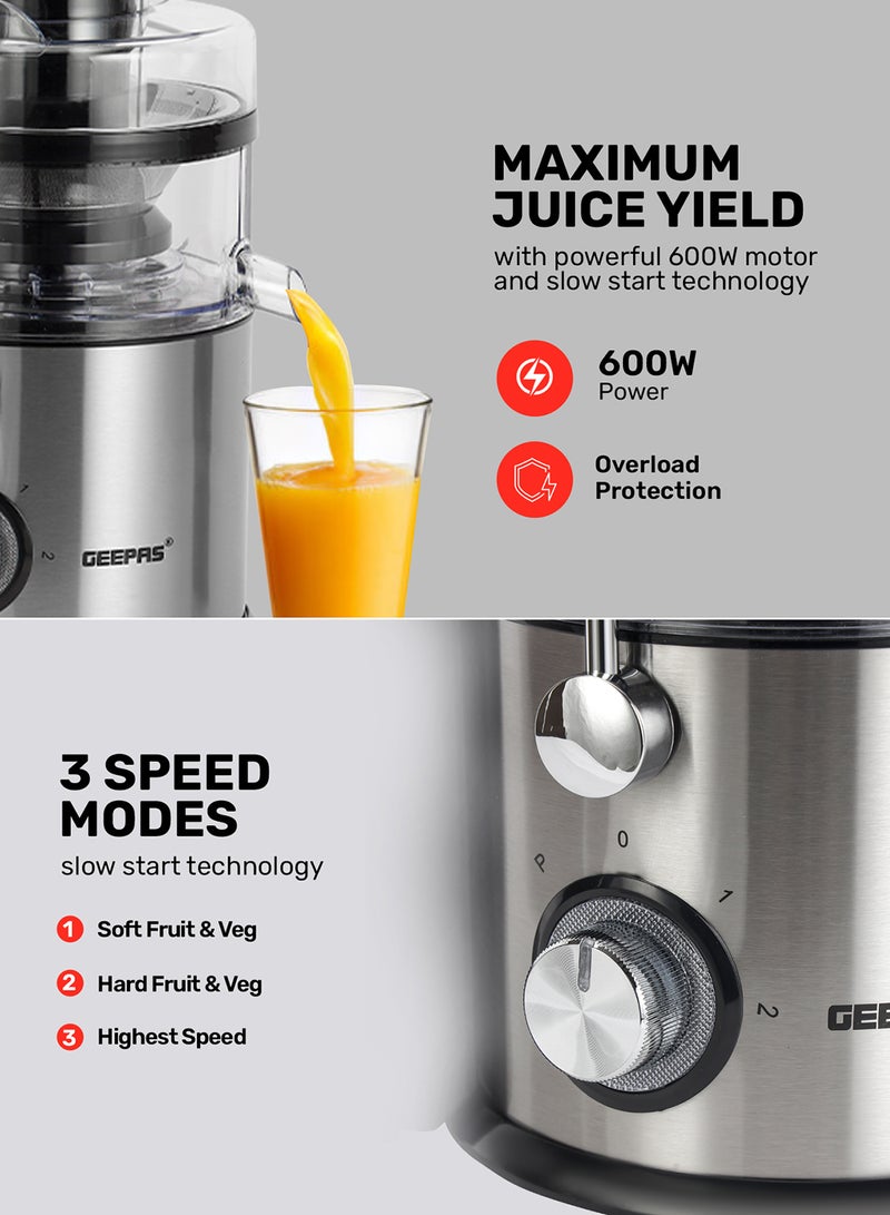 Centrifugal Juicer 2.2 L 800W |Pulp Container Machine Juice Extractor With 75MM Wide Mouth | 2 Speed, Stainless Steel Body, Non-Slip Feet 1.6 L 800 W GJE5437 Red/Black/Clear