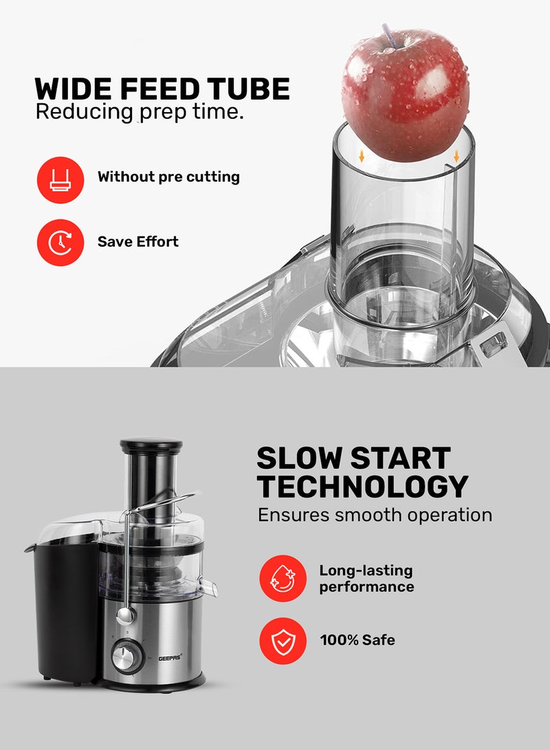 Centrifugal Juicer 2.2 L 800W |Pulp Container Machine Juice Extractor With 75MM Wide Mouth | 2 Speed, Stainless Steel Body, Non-Slip Feet 1.6 L 800 W GJE5437 Red/Black/Clear