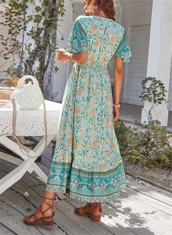 Printed Bohemian Dress for Women's Daily Commuting V-Neck  Long Sleeve Holiday Large Hem A-Line Floral Mid-Rise  Dress  for Ladies Elegant Temperament Casual  Solid Outfit