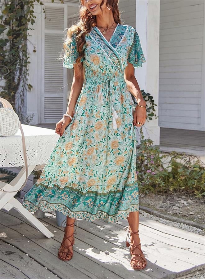 Printed Bohemian Dress for Women's Daily Commuting V-Neck  Long Sleeve Holiday Large Hem A-Line Floral Mid-Rise  Dress  for Ladies Elegant Temperament Casual  Solid Outfit
