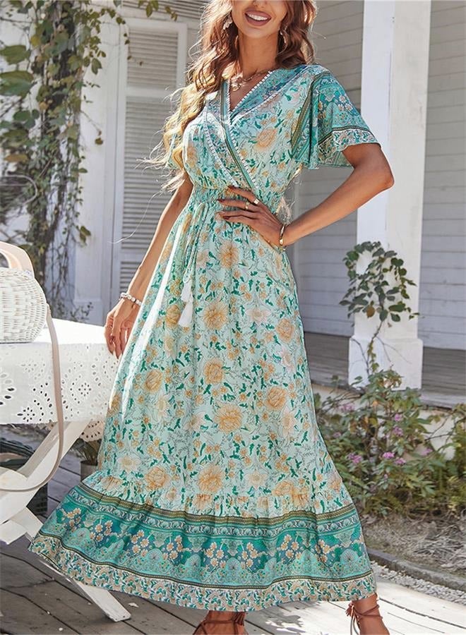 Printed Bohemian Dress for Women's Daily Commuting V-Neck  Long Sleeve Holiday Large Hem A-Line Floral Mid-Rise  Dress  for Ladies Elegant Temperament Casual  Solid Outfit