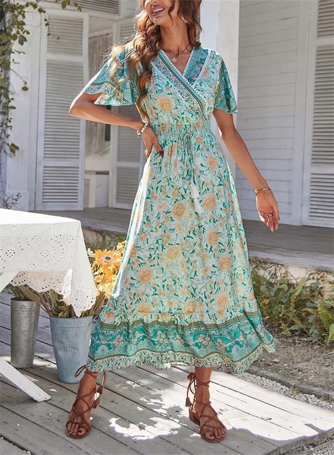 Printed Bohemian Dress for Women's Daily Commuting V-Neck  Long Sleeve Holiday Large Hem A-Line Floral Mid-Rise  Dress  for Ladies Elegant Temperament Casual  Solid Outfit