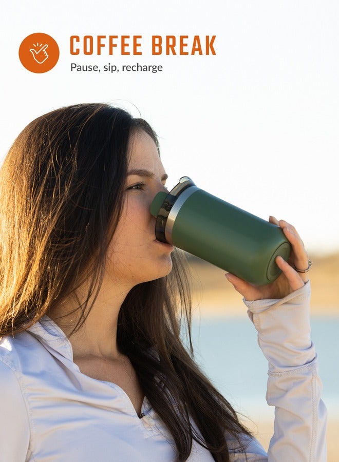 Octaroma GRANDE Vacuum Insulated Mug (435ml) - Double Wall Stainless Steel Coffee Travel Tumbler w/ Leakproof Drinking Lid, Reusable, Washable, BPA-Free, Hot & Cold - Green