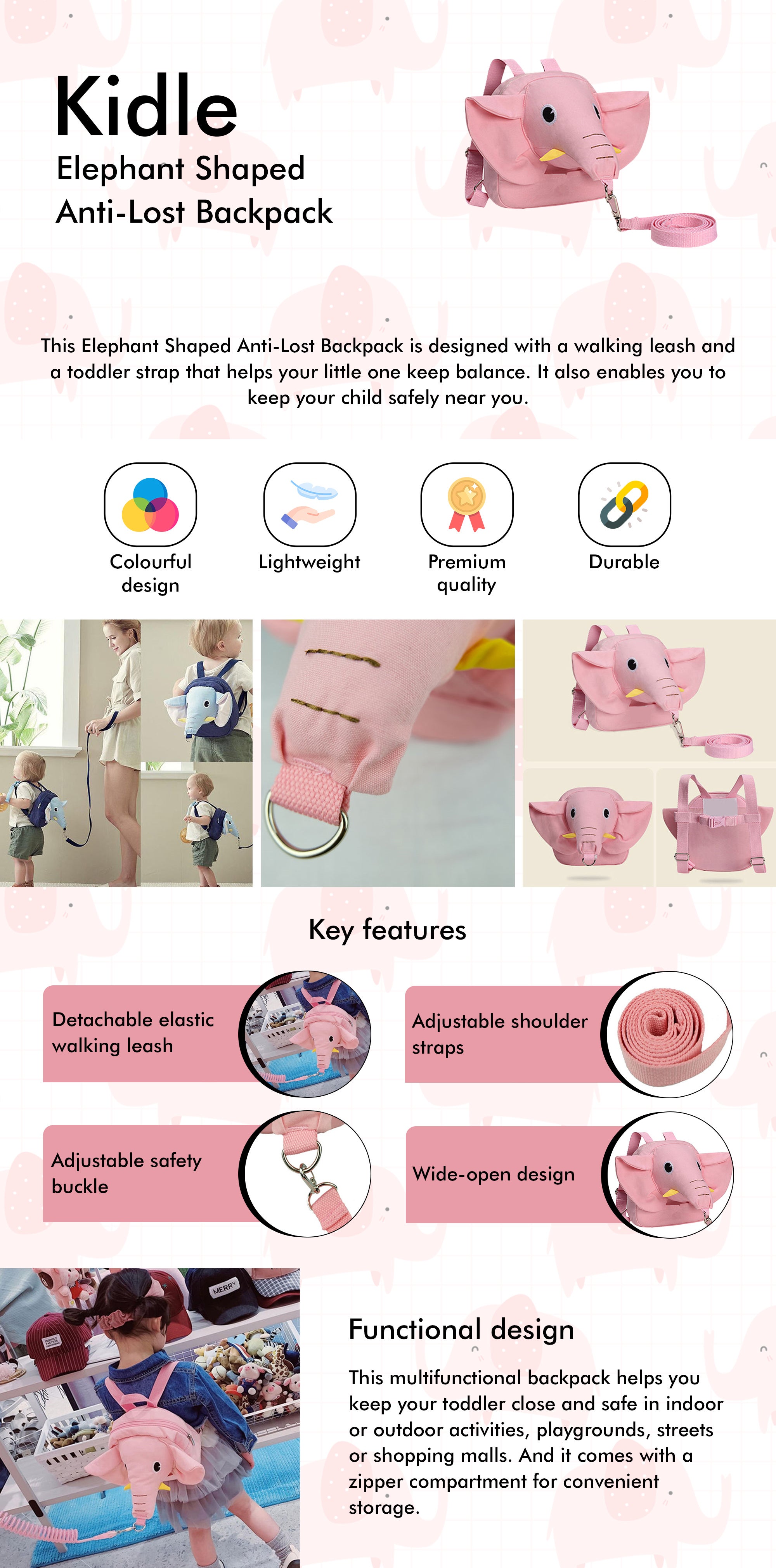Cute Elephant-shaped Adorable and Attractive Children's Anti-lost Backpack With Adjustable Straps