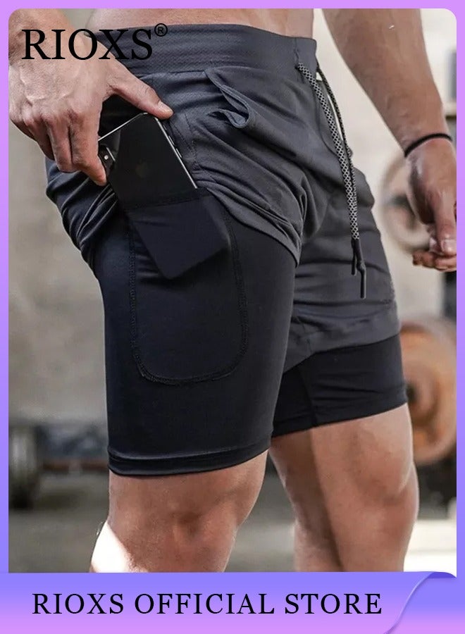 Men's 2-In-1 Athletic Running Shorts, Lightweight Sportwear Quick-Drying Shorts, Fitness Stretch Sports Shorts with Pocket, No Fading, No Deformation