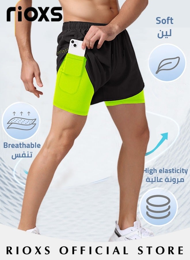 Men's 2-In-1 Athletic Running Shorts, Lightweight Sportwear Quick-Drying Shorts, Fitness Stretch Sports Shorts with Pocket, No Fading, No Deformation