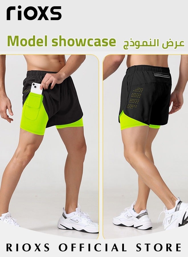 Men's 2-In-1 Athletic Running Shorts, Lightweight Sportwear Quick-Drying Shorts, Fitness Stretch Sports Shorts with Pocket, No Fading, No Deformation