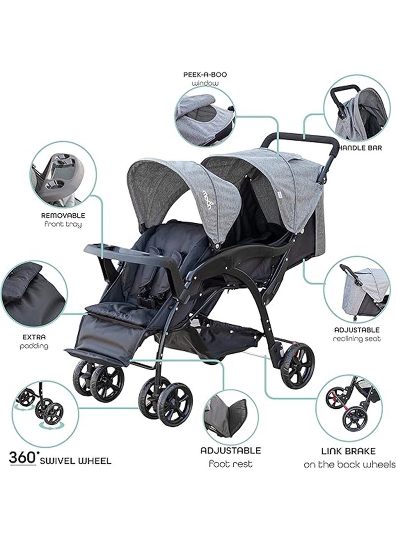 Reclining, Easy-Fold Dois Twin Baby Stroller Pram With Adjustable Canopy, 5-Point Harness, 0 Months +, Grey, Group 0+