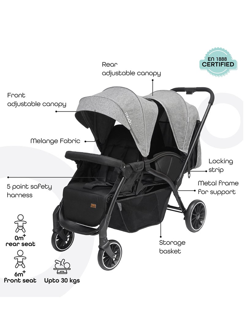 Reclining, Easy-Fold Dois Twin Baby Stroller Pram With Adjustable Canopy, 5-Point Harness, 0 Months +, Grey, Group 0+