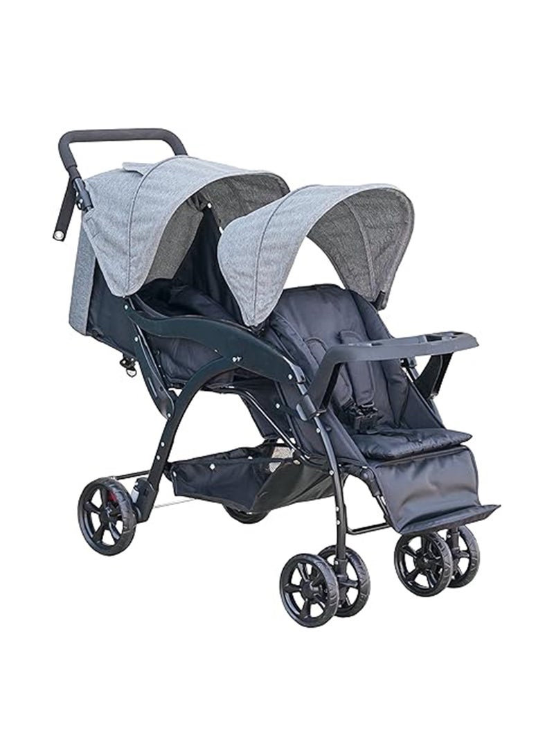 Reclining, Easy-Fold Dois Twin Baby Stroller Pram With Adjustable Canopy, 5-Point Harness, 0 Months +, Grey, Group 0+