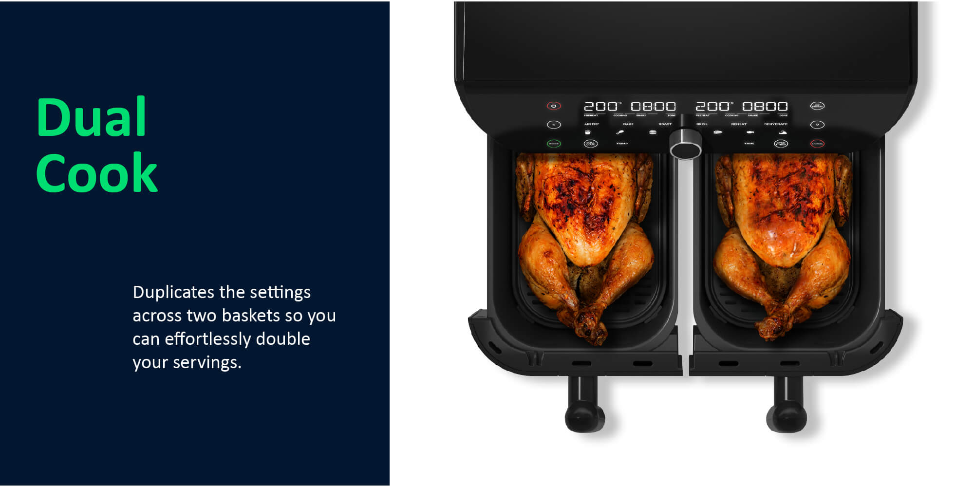 Air Fryer Duo 2 By Caliber Brands, Independently Controlled Dual Baskets, Air Fry, Bake, Roast, Broil, Reheat & Dehydrate, 6 Presets 8.5 L 2400 W AFD185 Black