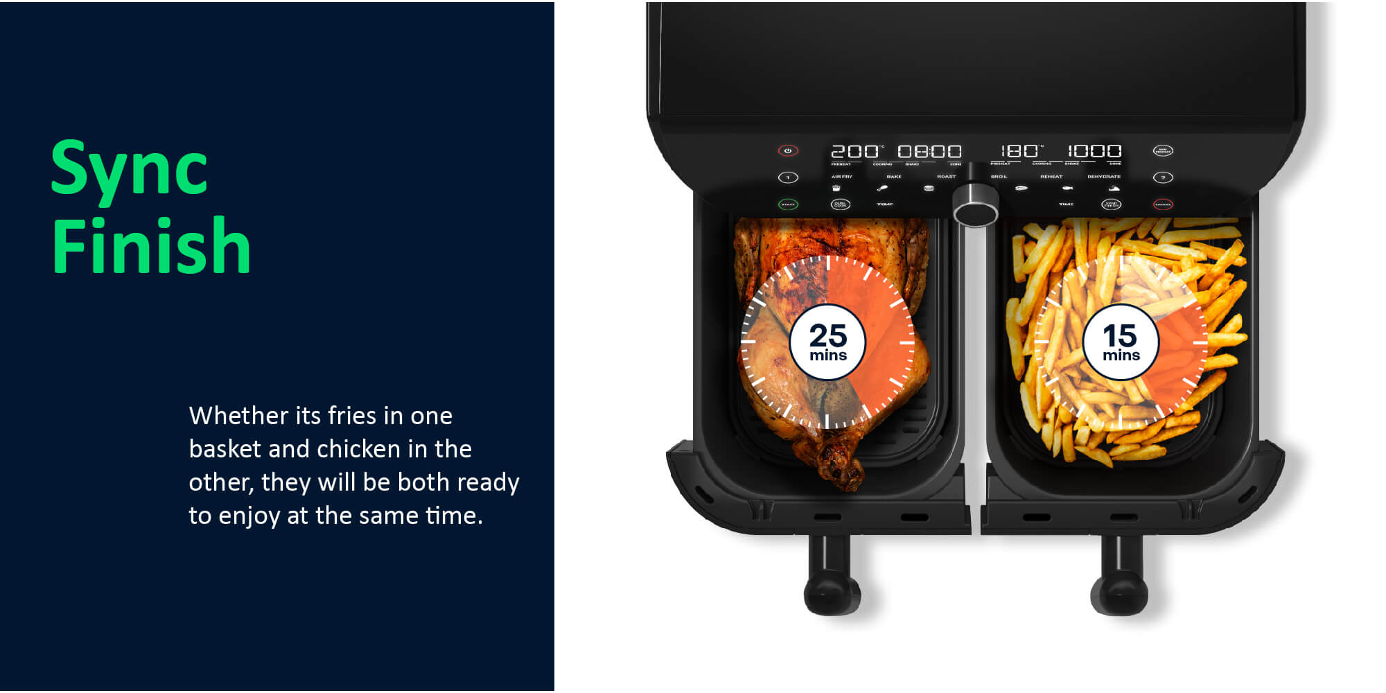 Air Fryer Duo 2 By Caliber Brands, Independently Controlled Dual Baskets, Air Fry, Bake, Roast, Broil, Reheat & Dehydrate, 6 Presets 8.5 L 2400 W AFD185 Black