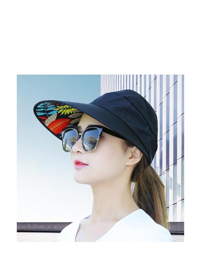 Women Sun Hat, Summer Beach Caps Women Hat Wide Brim UV Protection Floppy Brown Roll Up Hat Double-Side-Wear Ponytail Hats Baseball Caps Adjustable Cap