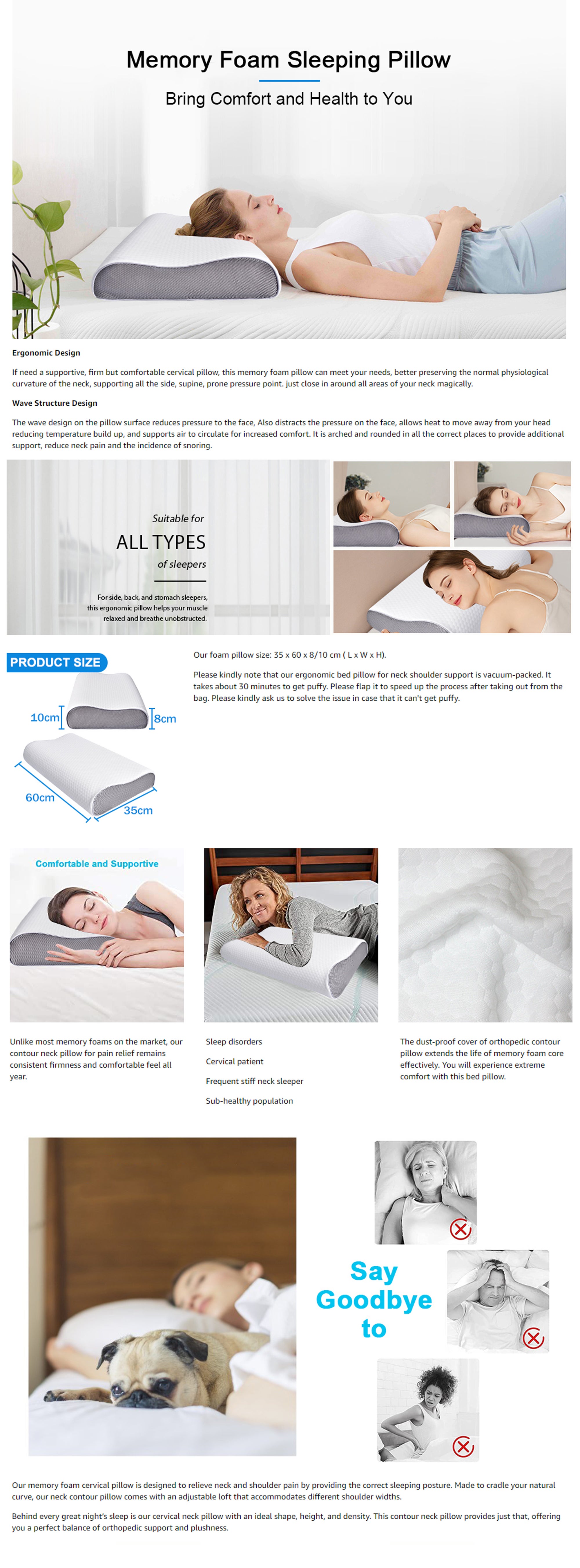 Memory Foam Pillow, Ergonomic Cervical Sleeping Pillow 2 Adjustable Height Orthopedic Pillow, Neck Support Contour Bed Pillows for Side Back Stomach Shoulder Sleepers Pain Relief with Washable Cover