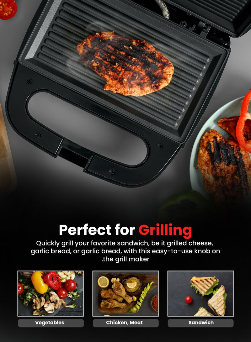 Portable Powerful  2 Slice Grill Maker with Non-Stick Coated Plates With Safety Locks, Stainless Steel, Cool Touch Handle & Skid- Resistant Feet, Power On & Ready Light Indicators 750 W GGM6001 Black/Grey